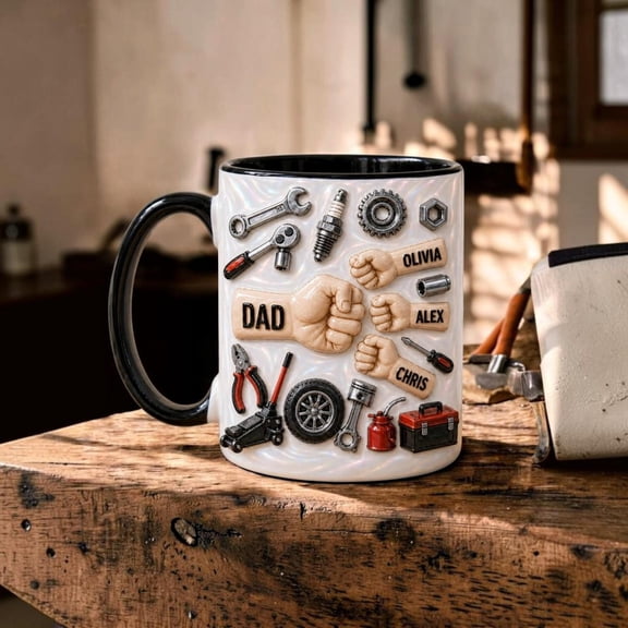 Personalized Dad and Kids Bump Mug, 2D FLAT PRINTED Mug with Grandkids’ Names, Gift for Grandpa from Grandchildren, Father’s Day Present