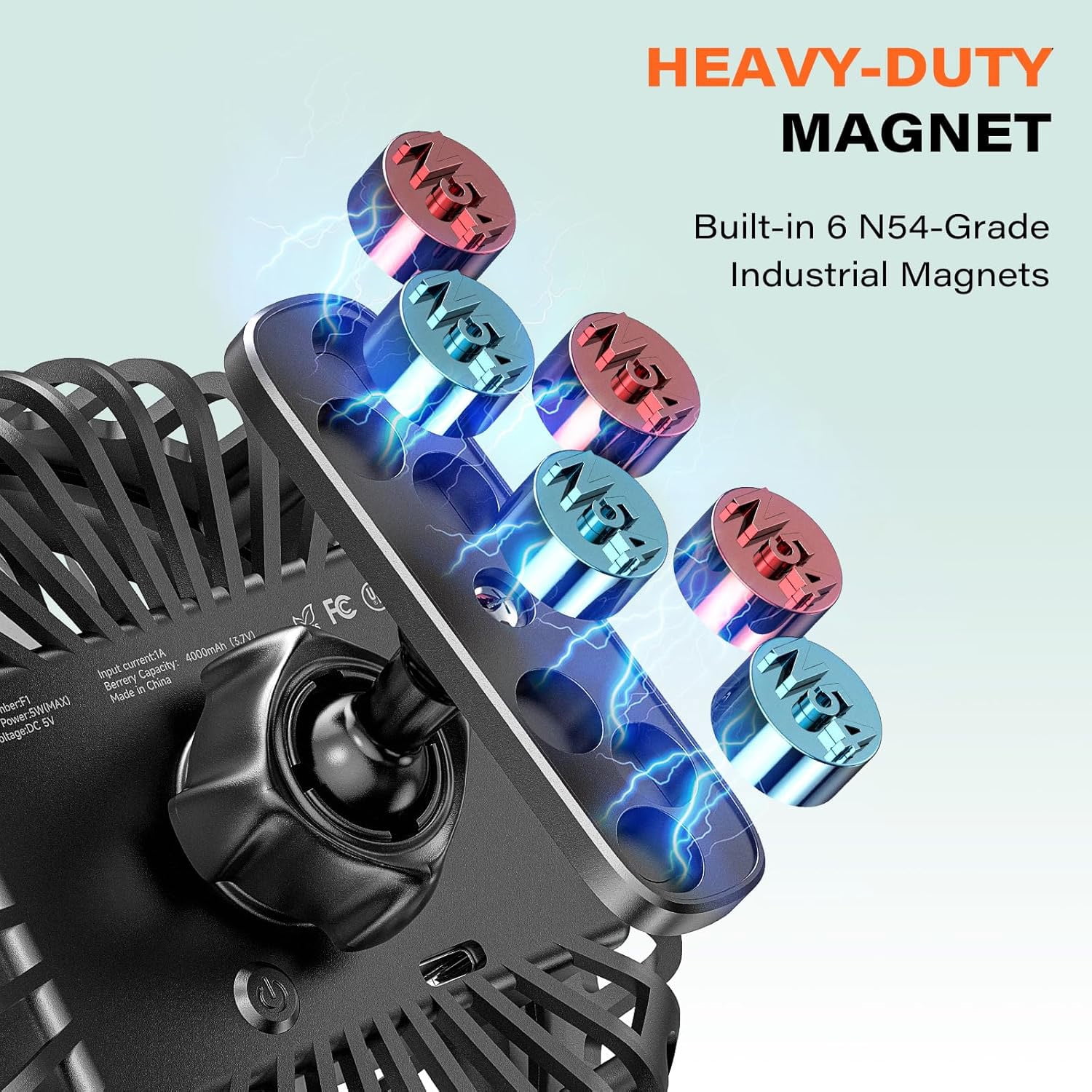 A2C Portable Fan, Rechargeable Magnetic Base Battery Operated 3-Speed Strong Airflow, Mini Desk Fan, Golf Cart, Forklift, Camping, Gym, Outdoor, Black