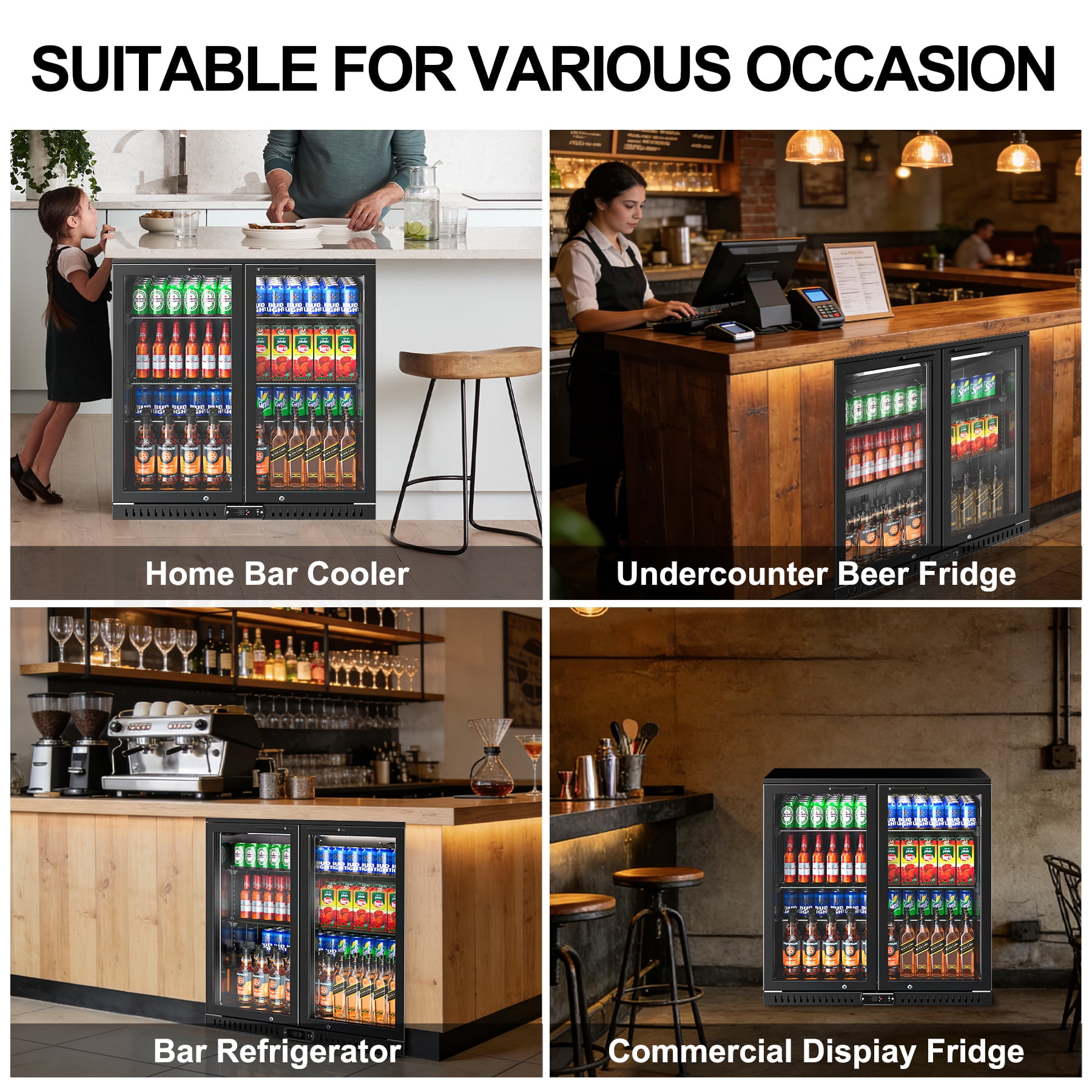 Amerikit Back Bar Cooler with 2 Glass Doors, 7.9 cu.ft Under Counter Height Beverage Refrigerator for Beer, Wine, Soda, Drinks, ETL Approved