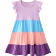 thumbnail image 2 of HILEELANG Girls Cotton Color Block Dress – 100% Soft Cotton Summer Sundress with Ruffle Sleeves, Multi-Color, Sizes 2T-12, 2 of 6