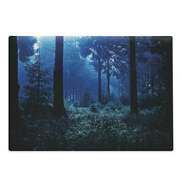 Night Cutting Board, Misty Nature Scene of Autumn Forest in Thuringia Germany Tranquil Woodland, Decorative Tempered Glass Cutting and Serving Board, Large Size, Blue Green White, by Ambesonne