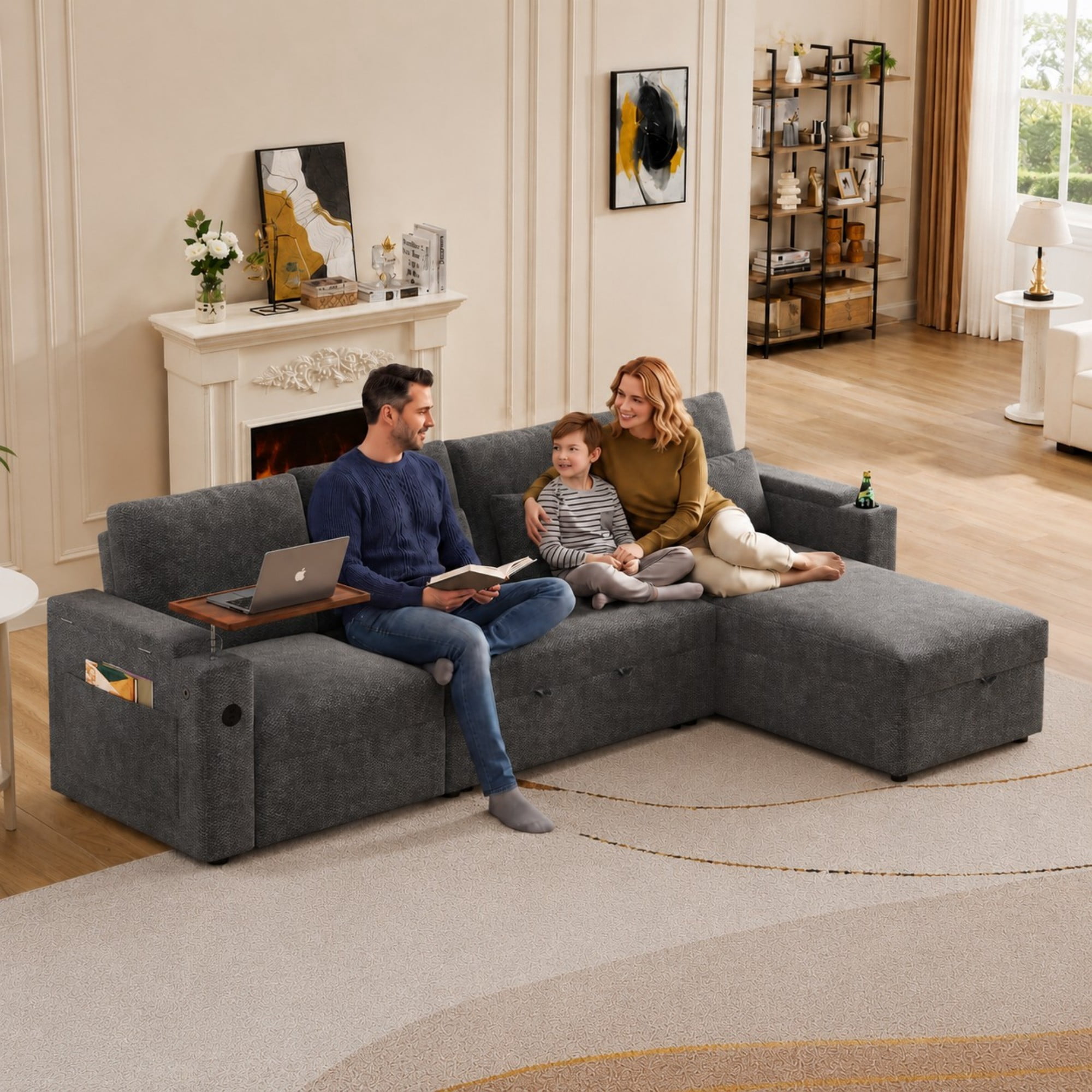 DEALTOPS 108" Chenille L-Shaped Pull Out Sleeper Sofa Bed with Recliner, Storage Chaise & USB Ports, Gray