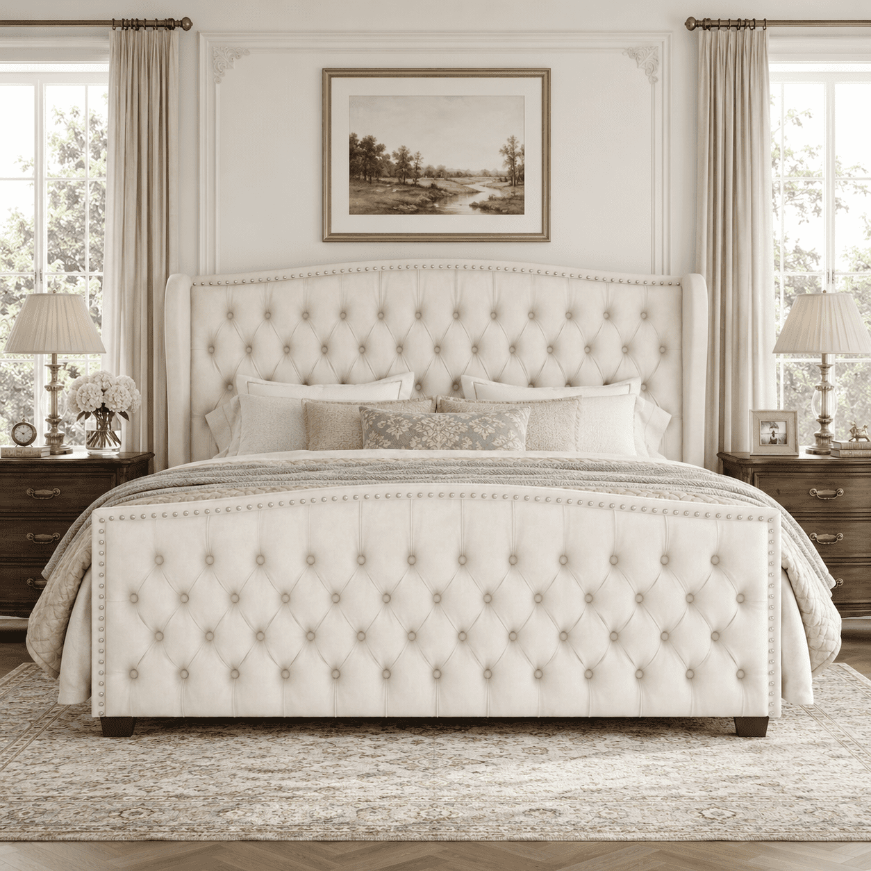 Merluxy California King Size Platform Bed Frame, Velvet Upholstered Bed with Deep Button Tufted & Nailhead Trim Wingback Headboard, Cream