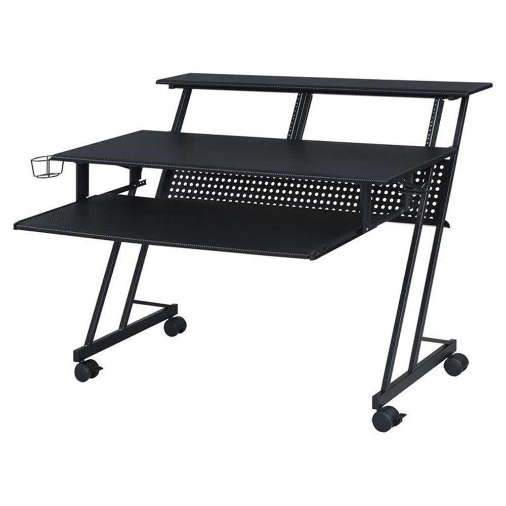 Pemberly Row 1-Shelf Music Recording Studio Desk in Black with 1 Keyboard Tray, 4 Caster Wheels, 1 Cup Holder, 47"L x 27"W x 38"H