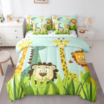 Castle Fairy Cute Lion Giraffe Bedding Comforter Set,Botanical Leaves Queen Bedding Sets