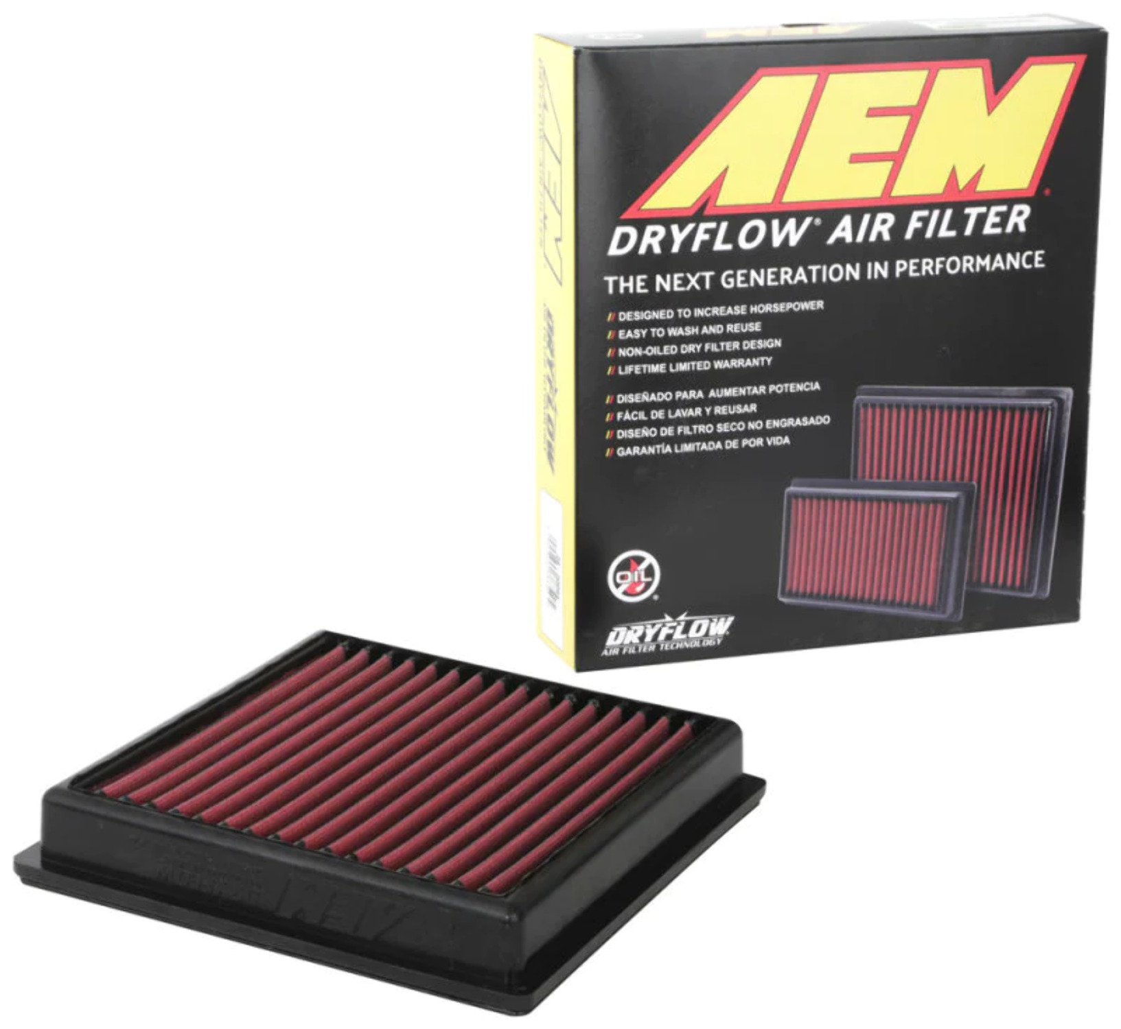 AEM 28-50064 DryFlow Air Filter – Synthetic, Washable, Increases HP, Made In USA