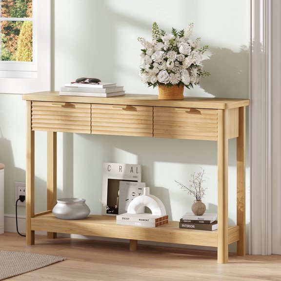 Pusnapku 47" Console Table, Fluted Foyer Table with Charging Station, Wood Behind Couch Table with 3 Drawers, Storage Shelf, for Living Room, Hallway