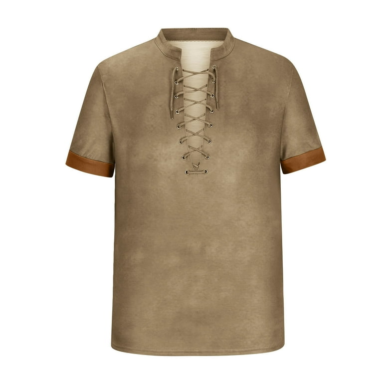 ZRGHAOYLQ Men's Vintage Short Sleeve Lace Up Shirts for
