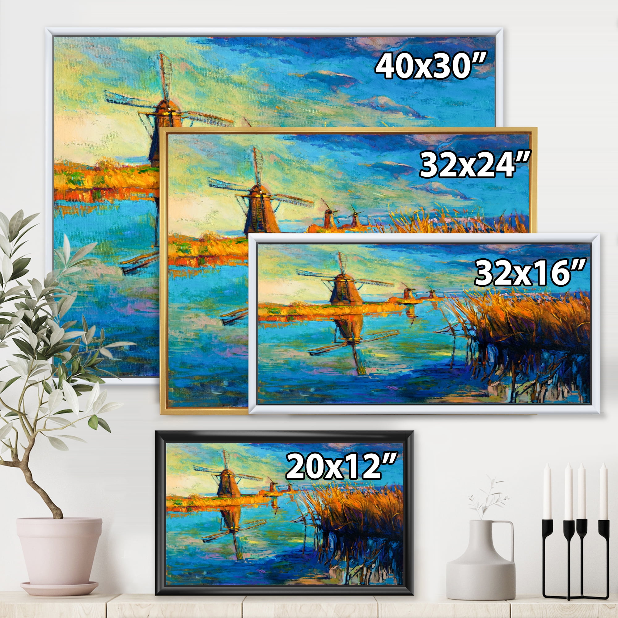 Designart 'The Deep Blue Lake And Windmills' Nautical & Coastal Framed Canvas Wall Art Print