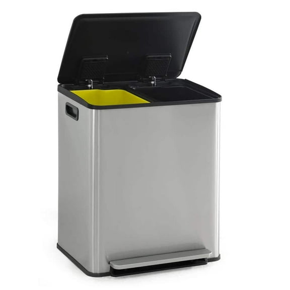 13 Gal. Stainless Steel Household Dual Trash Can with Hinged Lid and Odor Filter, 25 L Plus 25 L