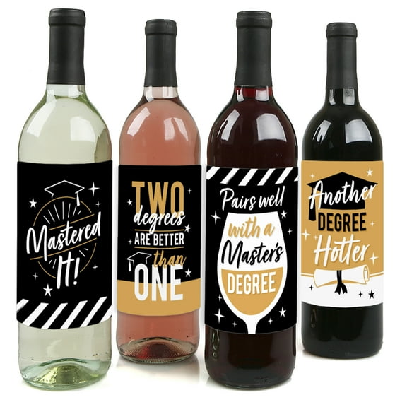 Big Dot of Happiness Mastered It - Master's Degree Graduation Party Decorations for Women and Men - Wine Bottle Label Stickers - Set of 4