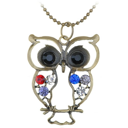 Eyed Owl Pendant - Brass Tone Colorful Crystal Rhinestone Big Eyed Perched Owl Pendant Necklace