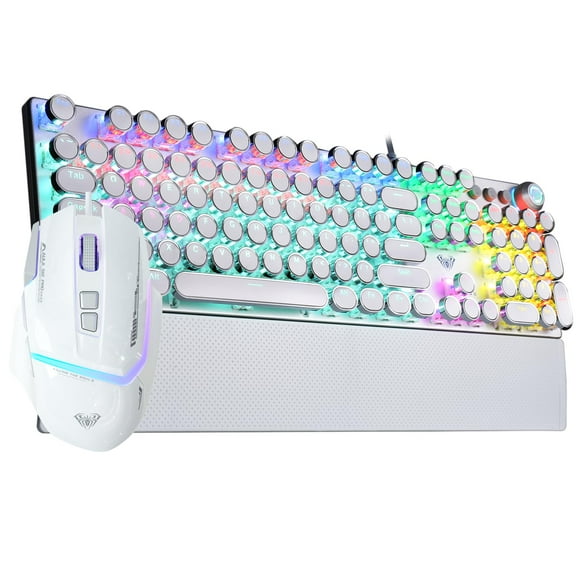 AULA Mechanical Keyboard Mouse Combo,F2088 Wired Typewriter Style Mechanical Keyboard White + S12PRO Wired Gaming Mouse White