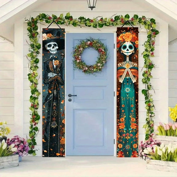 1 pair of 2D flat Day of the Dead skeleton couple couplets, hanging cloth banner, party decoration, background cloth bunting