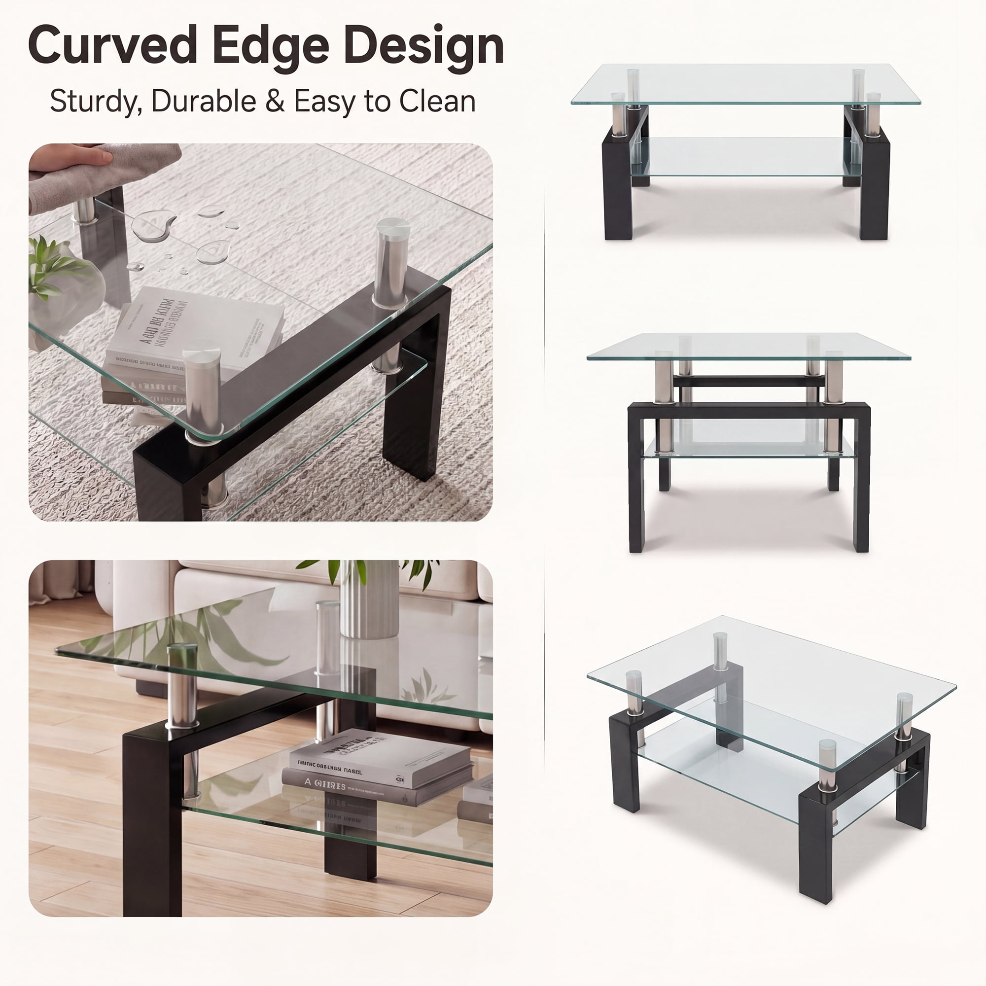 Glass Coffee Table with Lower Shelf, Holaki Modern Rectangular Tempered Glass Center Table with Metal Legs for Living Room, Black