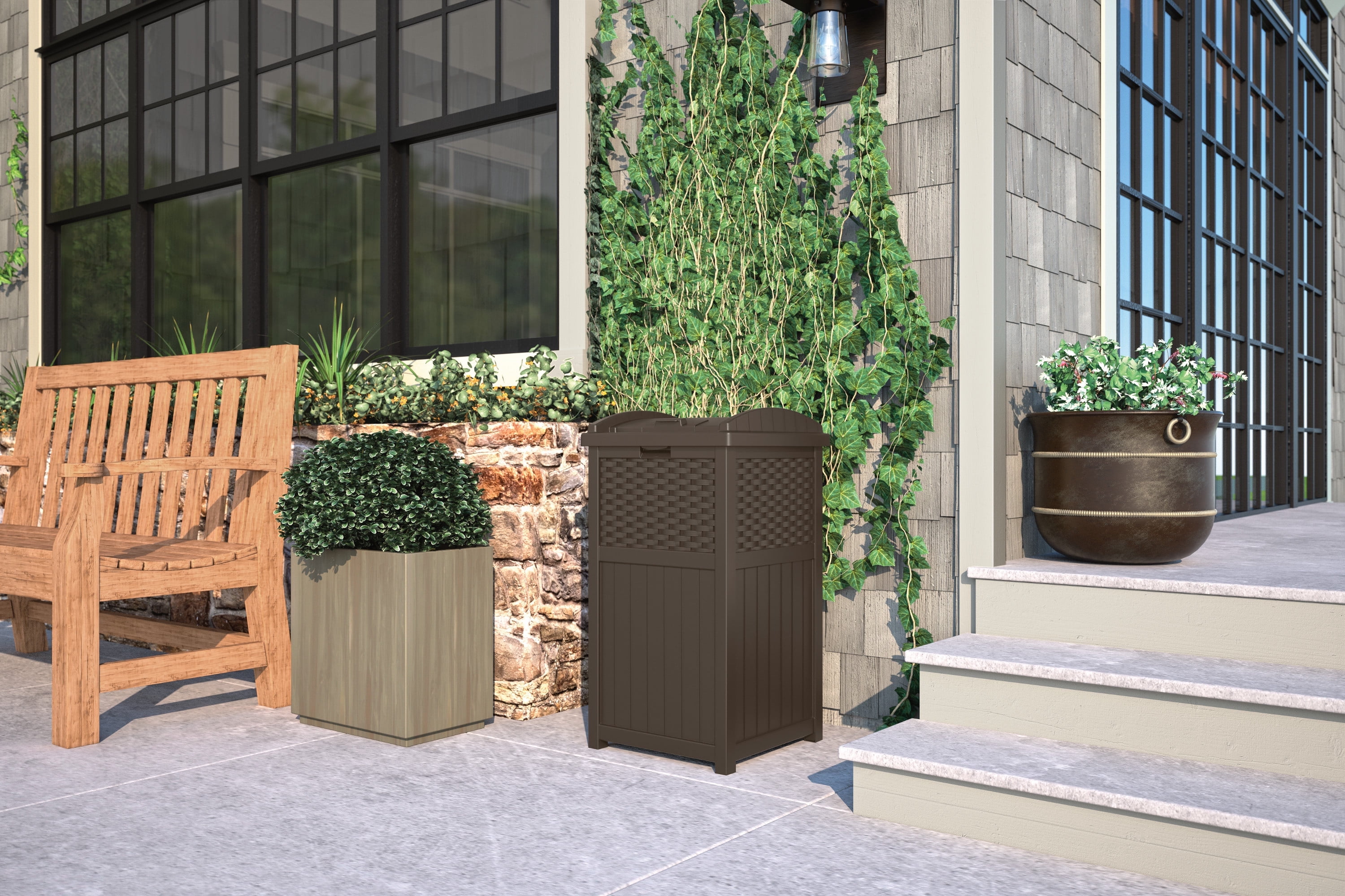 Suncast 33 Gallon Hideaway Wicker Trash Can for Outdoor Patio, Brown