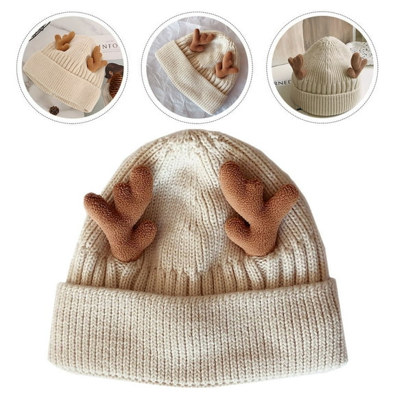 Women’s Reindeer Knitted Winter Beanie Hat with Soft Warm Fabric and Christmas Antlers - Beige Holiday Hat for Adults