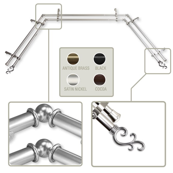 Mosey 13/16 inch Bay Window Double Curtain Rod 20-36", 38-72" - Satin Nickel