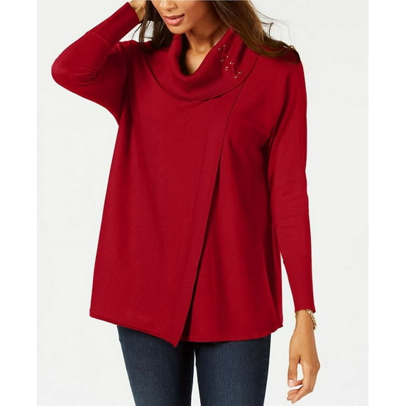 JM Collection Faux Wrap Cowl Neck Sweater Real Red S
