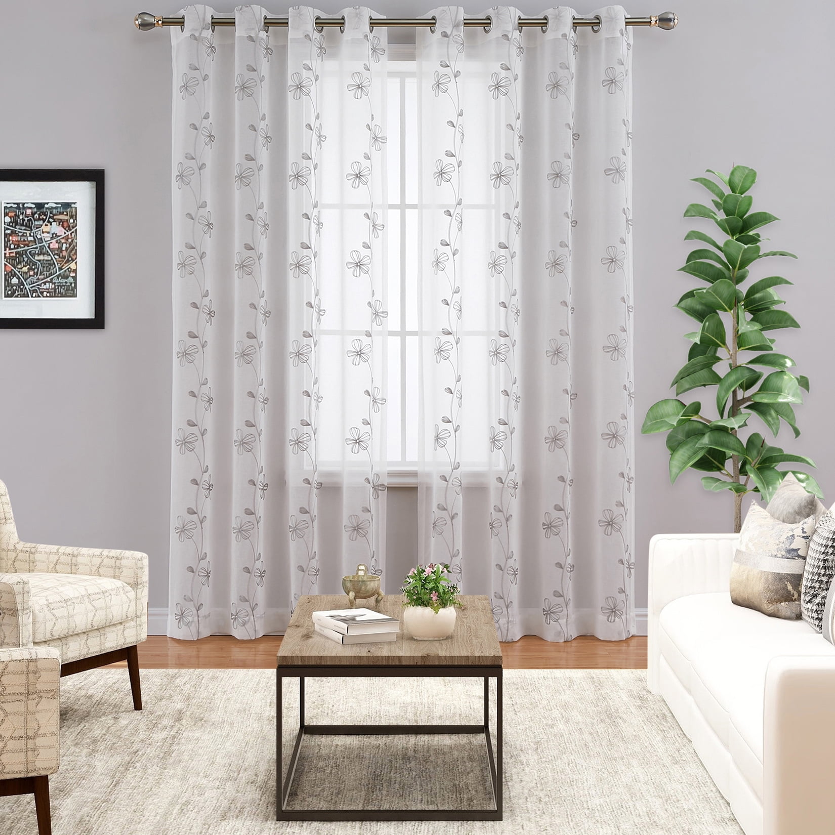 CAROMIO Semi Sheer Curtains Floral Embroidered,Voile Grommet Light