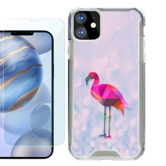 For Apple iPhone 12 Case, iPhone 12 Pro Case, Hybrid Bumper Phone case, with Tempered Glass Screen Protector, by OneToughShield ® - Flamingo / Polygon
