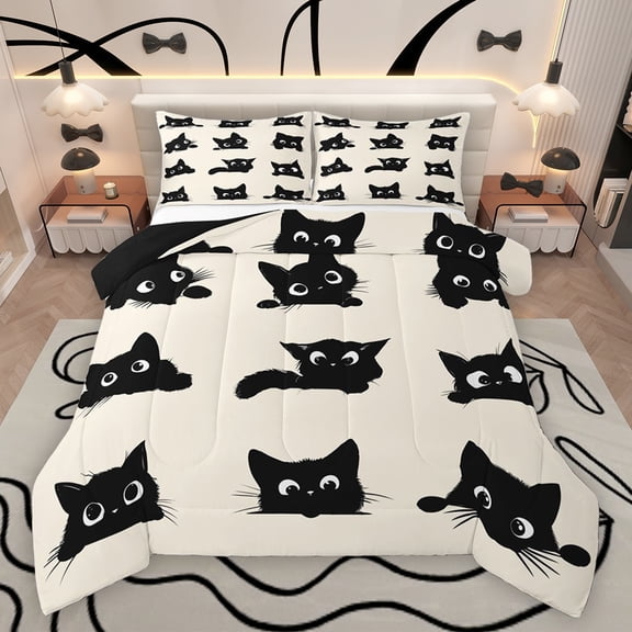 Homewish Kids Children Kawaii Cats Bedding Comforter Set 2pcs,Black Wheat Twin Comforter Sets Microfiber,Cartoon Animal Pet Breathable Bedding Set,Microfiber Bedroom Decor,Reversible