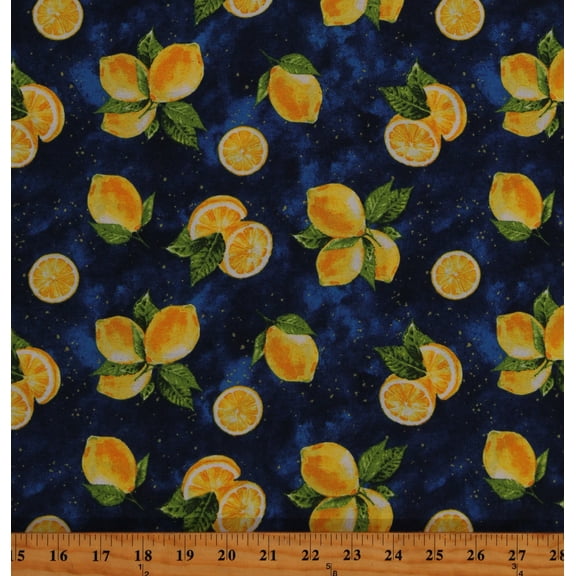 Cotton Lemons Fruit Food Citrus Plants Yellow Lemons on Navy Blue Cotton Fabric Print by the Yard (15612-NAVY)