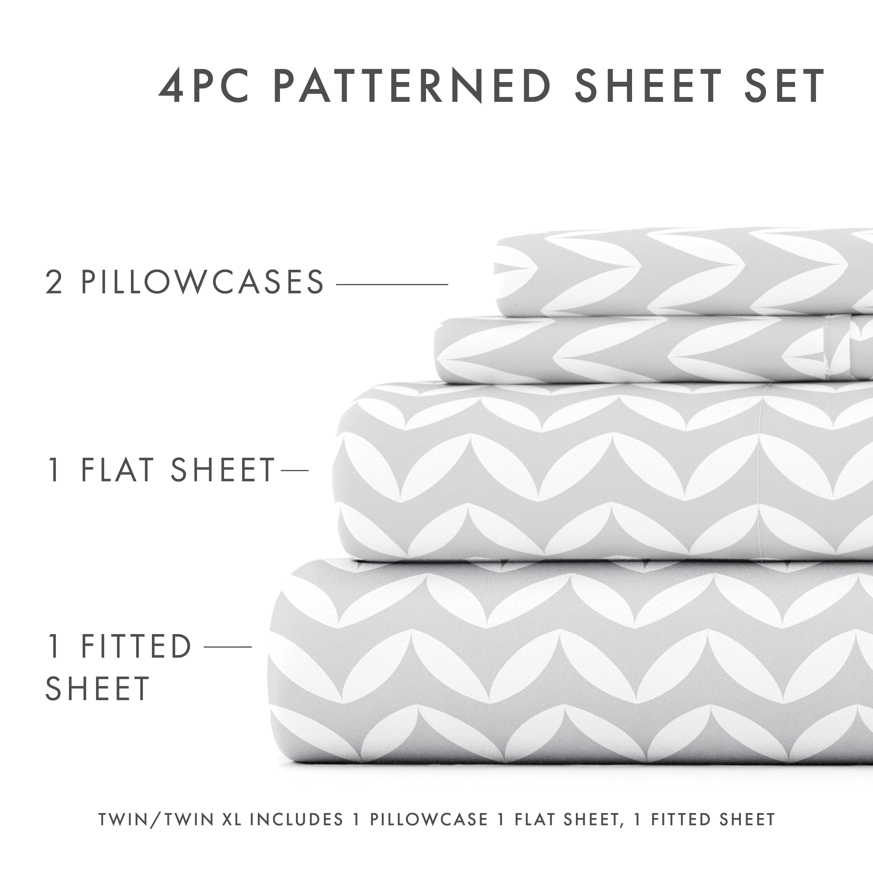 Noble Linens 4 Piece Pattern Microfiber Bed Sheets Set, Light Gray Puffed Chevron, Queen