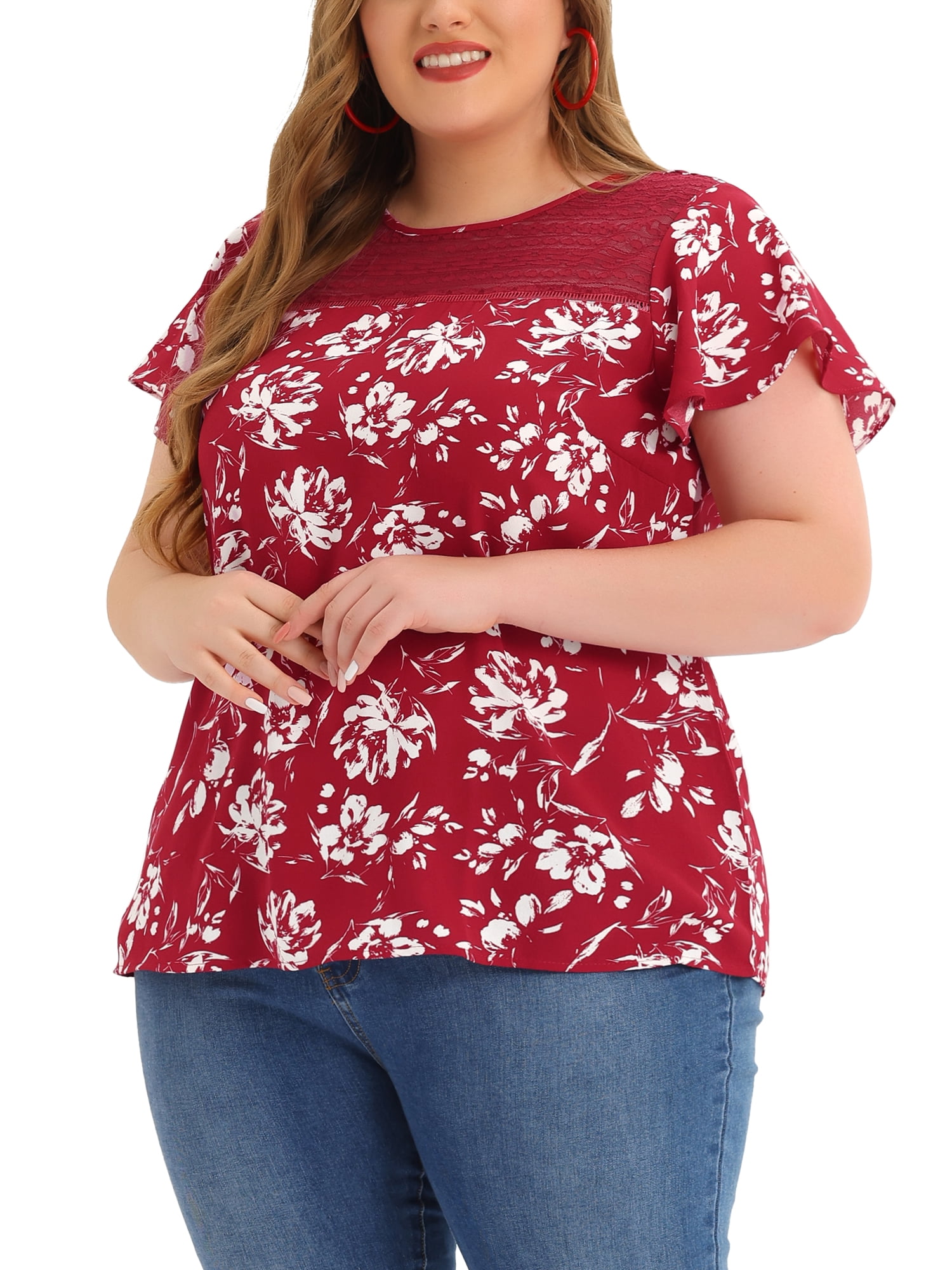 Unique Bargains Women's Plus Size Flared Sleeves Lace Panel Floral Tee 4X Burgundy