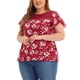 thumbnail image 4 of Blusa de mujer plus size Agnes Orinda con estampado floral, cuello redondo, encaje, mangas cortas acampanadas y abertura en la espalda, talla 1X, color burdeos, 4 of 7