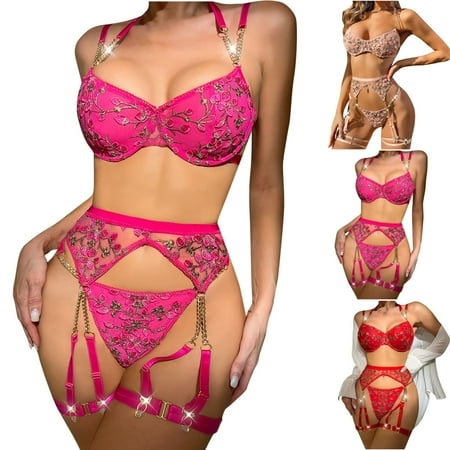 Elainilye Fashion Women Lingerie Sets Lace Embroidery Gathered Bra Underwear Add Underwear and Garter Straps Underwear Set Red