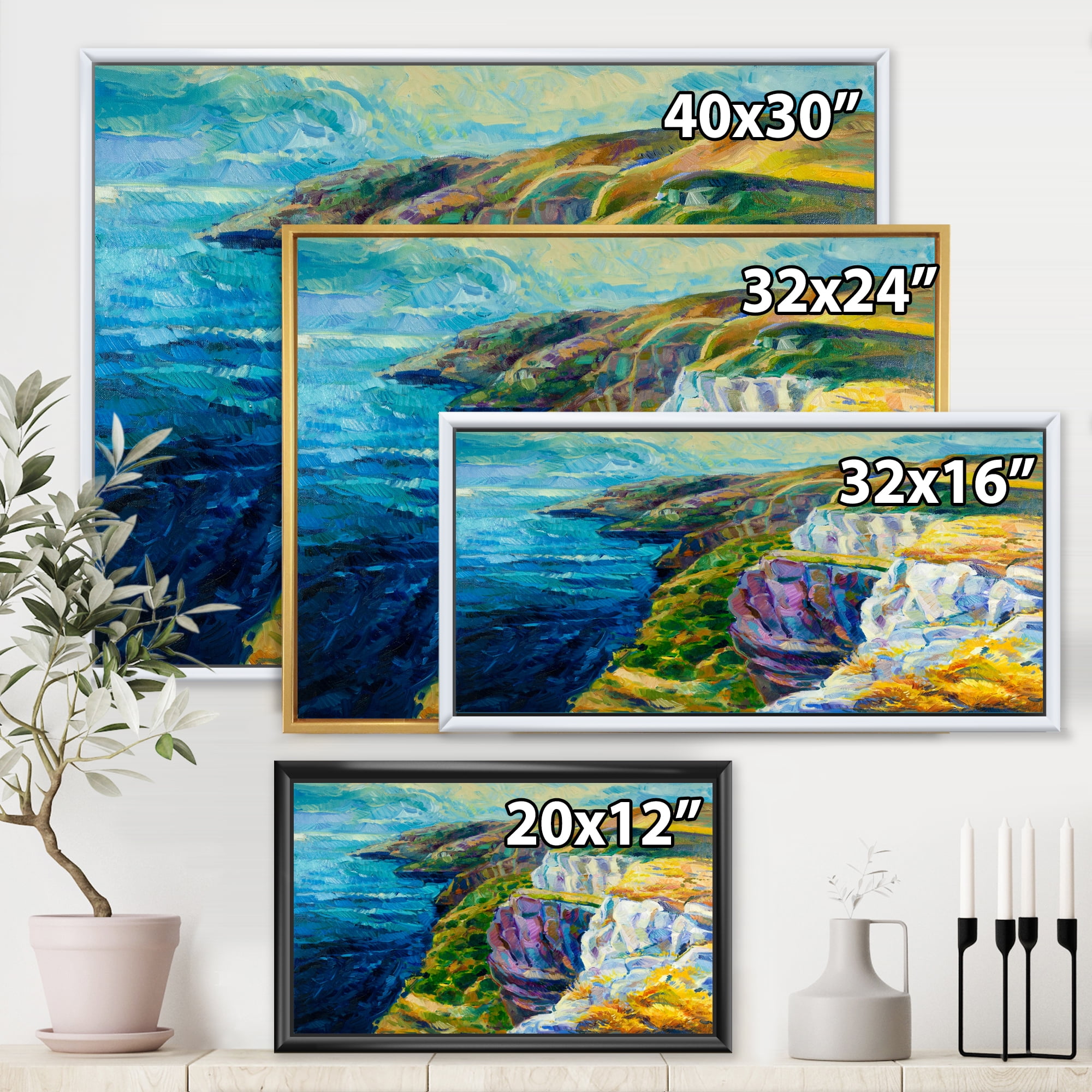 Designart 'The Blue Ocean By Rocky Cliffs II' Nautical & Coastal Framed Canvas Wall Art Print