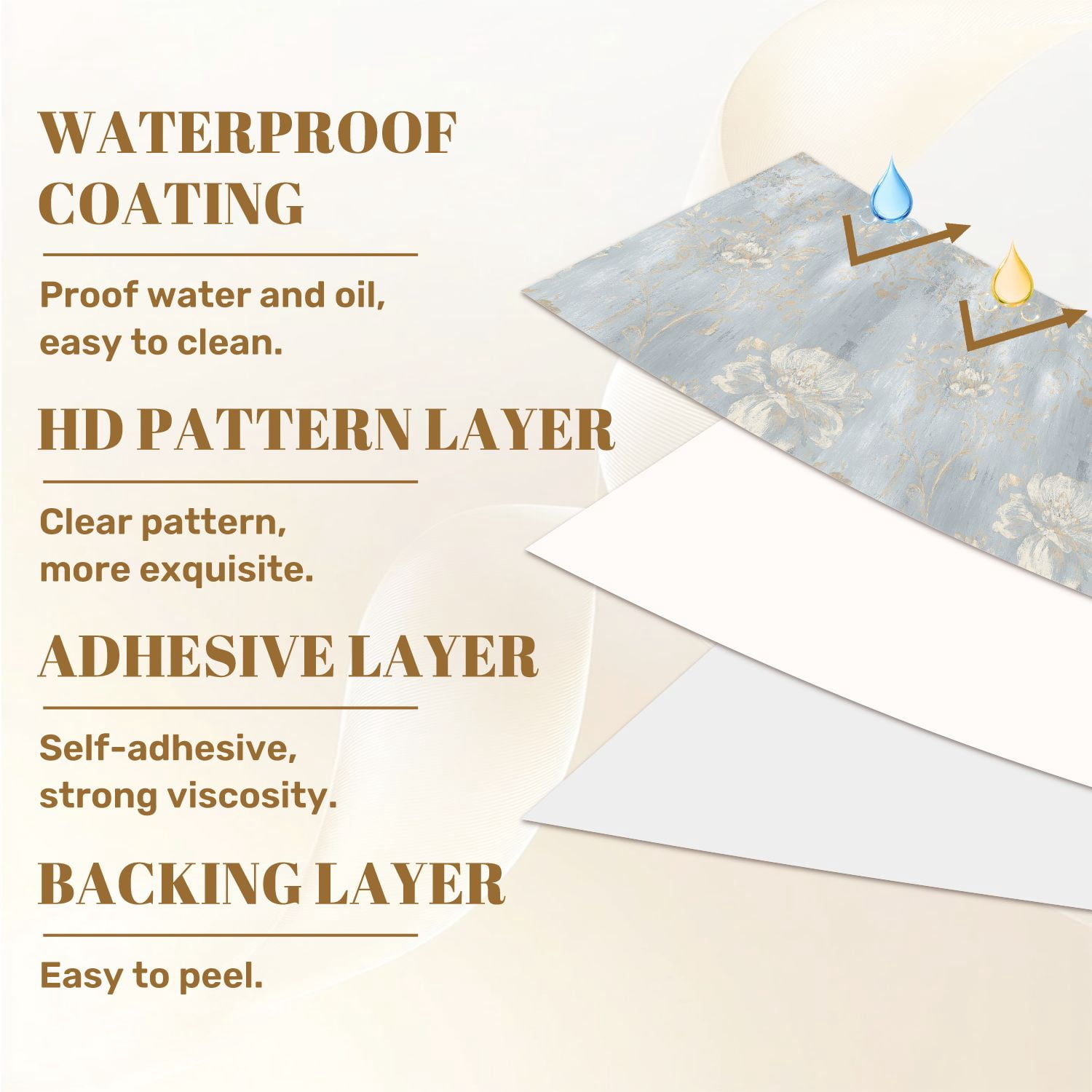 Vintage Peel and Stick Wallpaper 23.6in x 9.8ft Soft Blue Gold Floral Texture Contact Paper Vinyl Waterproof Self Adhesive Wall Paper for Bedroom Shelf Cabinet Renter Friendly