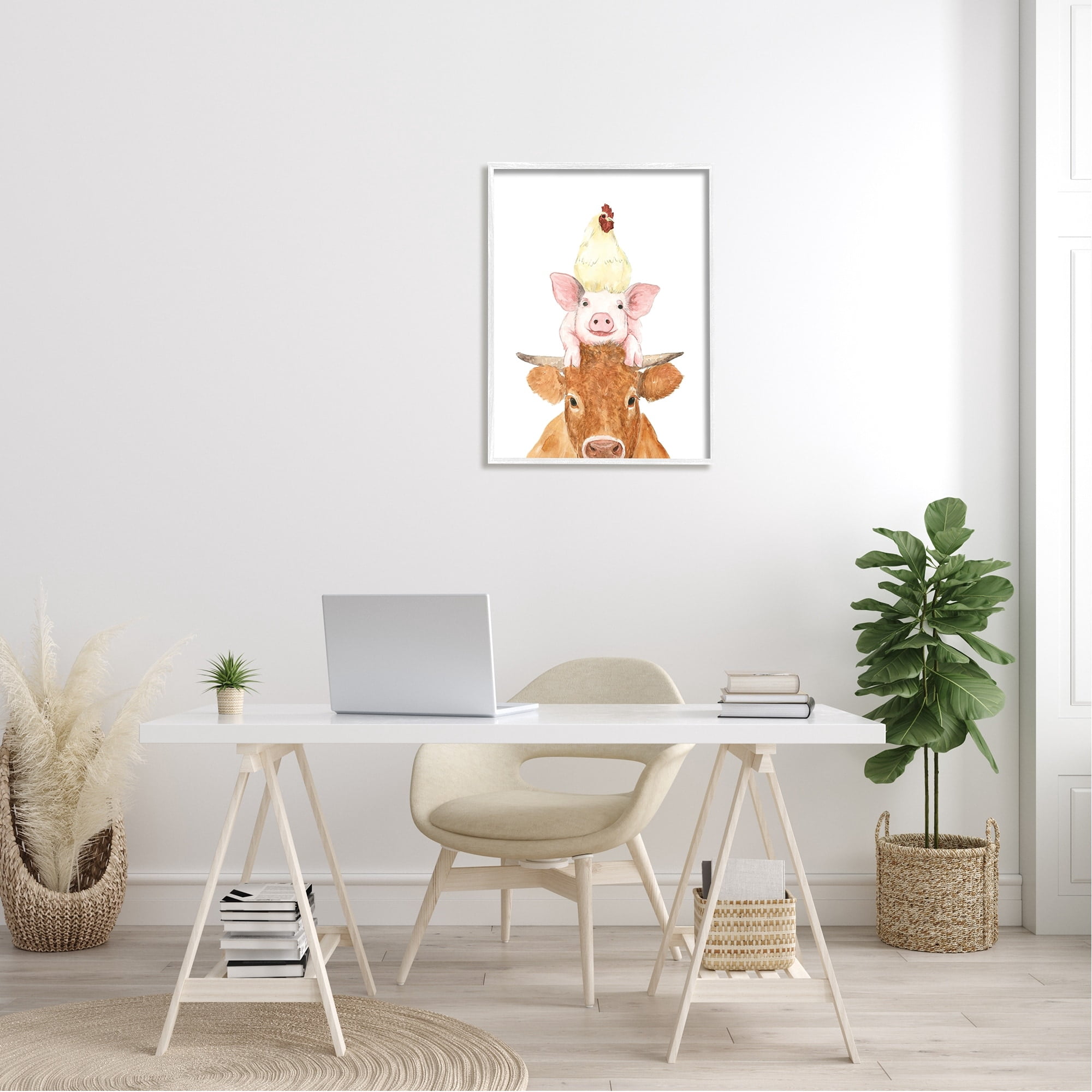 Stupell Industries Farm Animals Stacked Cute Illustration Cow Hen Pig Framed Wall Art, 24 x 30, Design by White Ladder