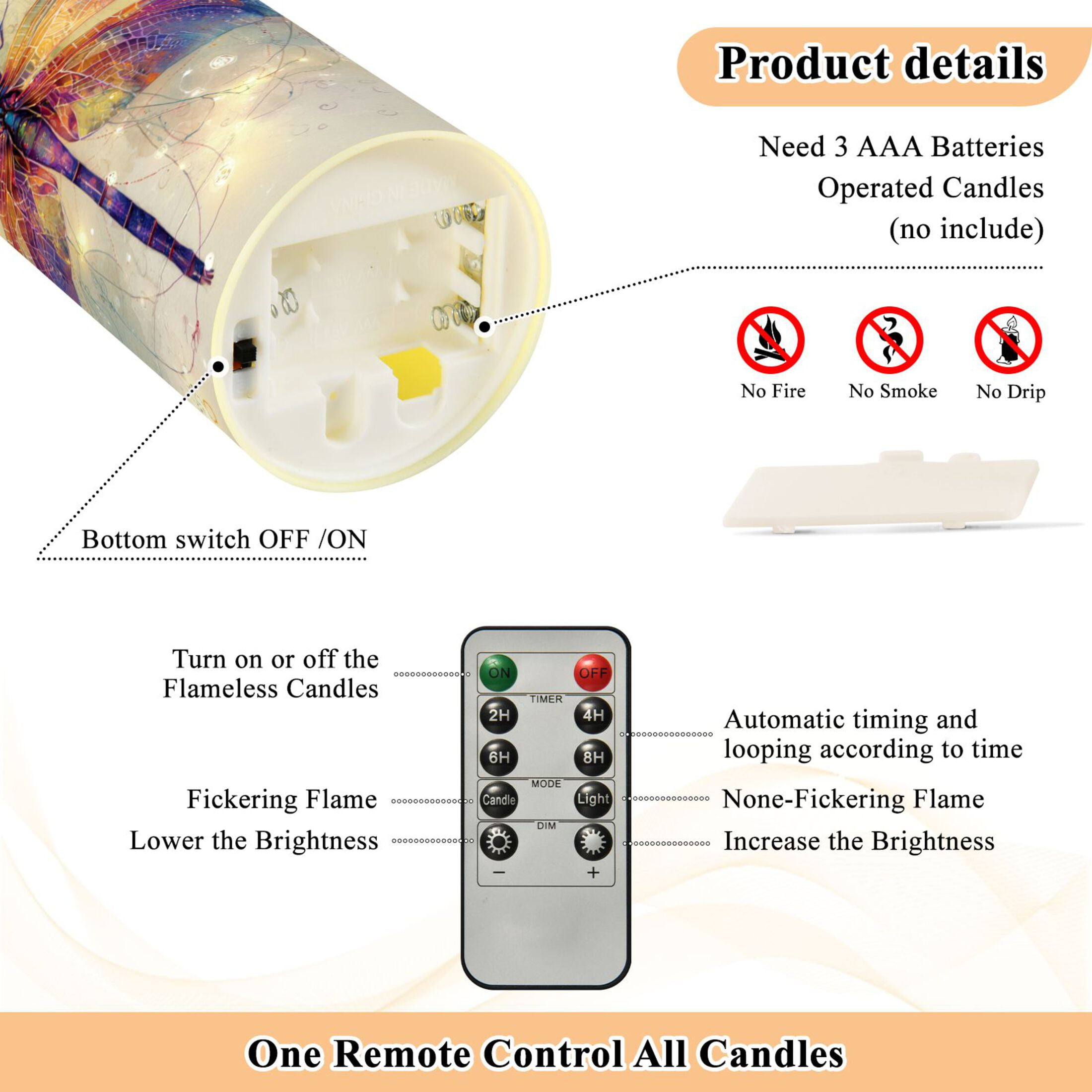 Wobogo Dreamy Dragonfly Flameless Candles with Remote Battery Operated Flickering LED Candles with Timer 2/4/6/8H Medium Size