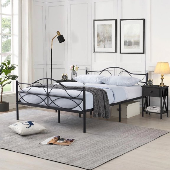 VECELO 3-Piece Bedroom Sets, Metal Bed Frame and 2 Black Nightstands, Queen Size