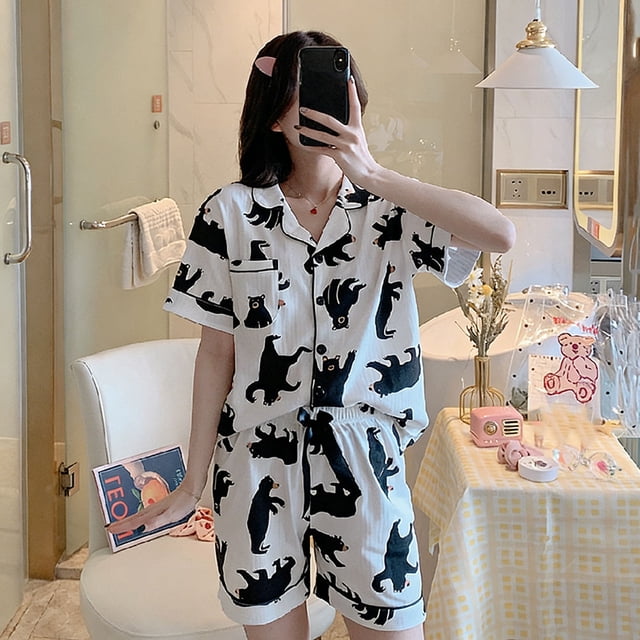 unbranded 1Jgo Conjunto Casual Negro Para Hogar Manga Corta Y Short Con De Oso