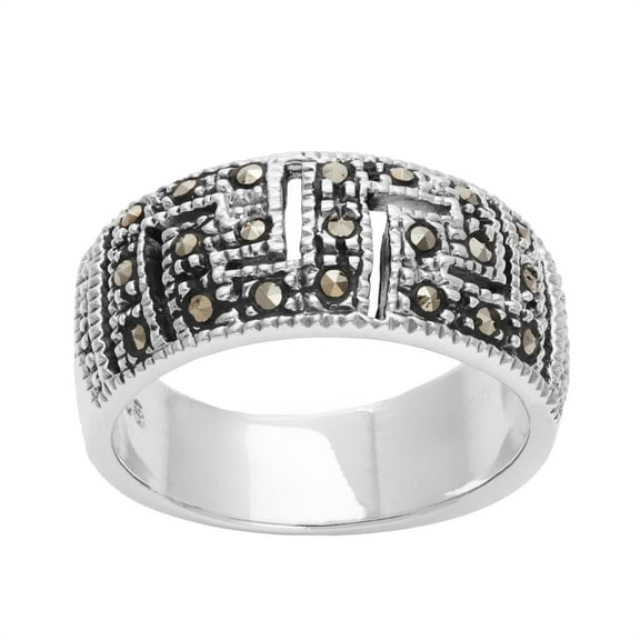 Silver Women's 925 Sterling Silver Oxidized Simulated Marcasite Greek Key Cut Out Band Ring