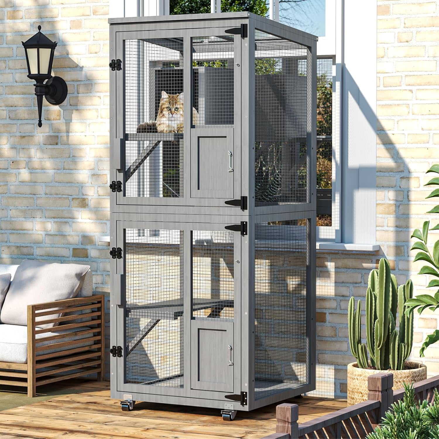 TIMHAKA Outdoor Cat Catio Enclosure, 4 Tiers Indoor Catio w/ Wheels, Resting Box, Waterproof Roof, Gray