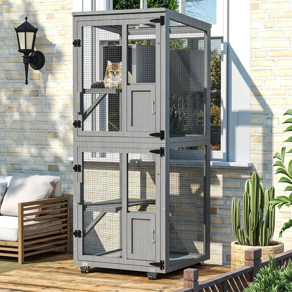 4 Tiers Catio Outdoor Cat Enclosure, Outdoor Cats House with 4 Wheels, Cat Enclosure Window Access with Removable Floor, Upgraded Resting Box, Waterproof Roof, Wooden Indoor Pet Cage, Grey