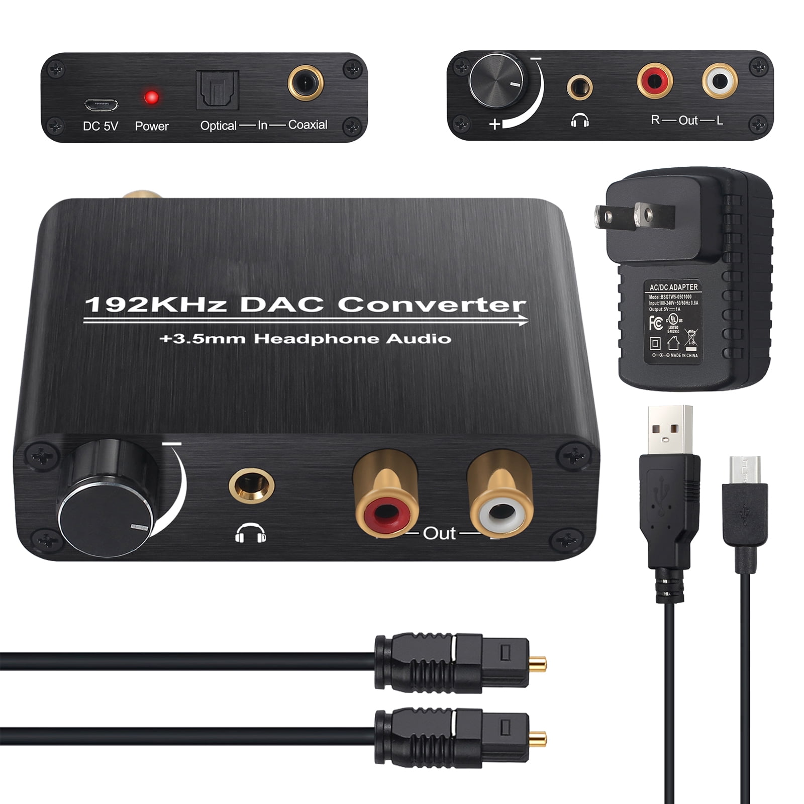192KHz Digital to Analog Converter DAC SPDIF Coaxial Optical Convert to L//R RCA and 3.5mm Audio Adapter