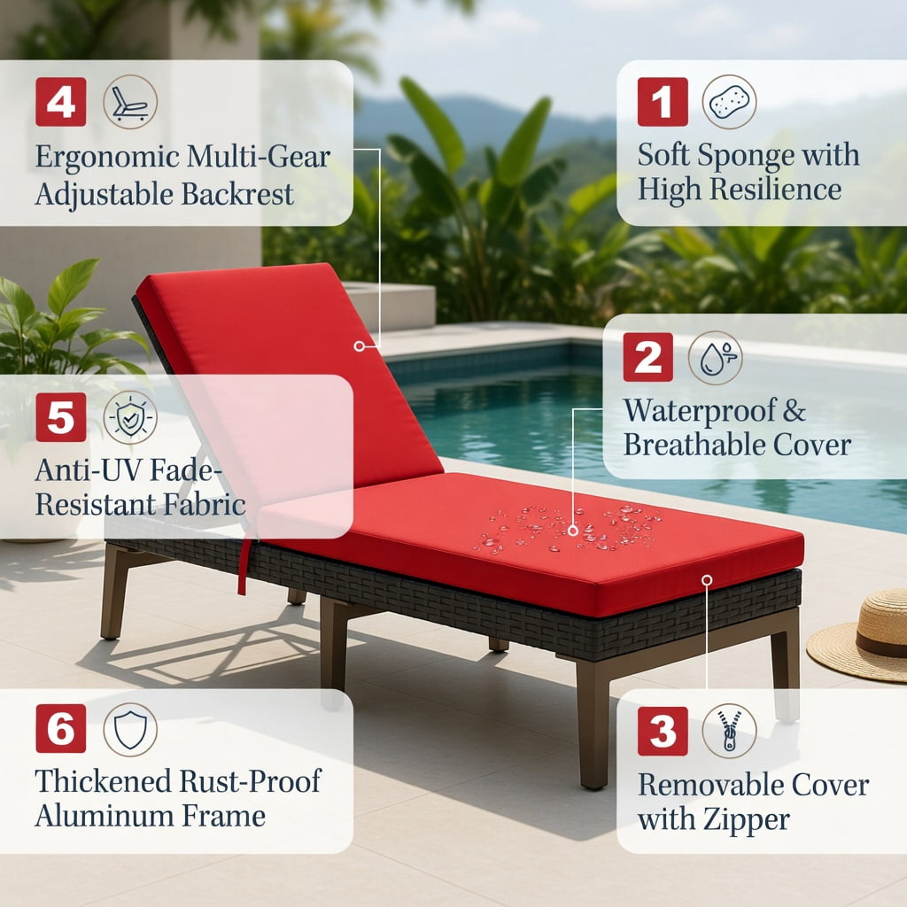 Hommoo Outdoor Rattan Chaise Lounge Chair with 5-Position Adjustable Backrest, Cushioned Patio Recliner, Weather-Resistant Steel Frame, Red