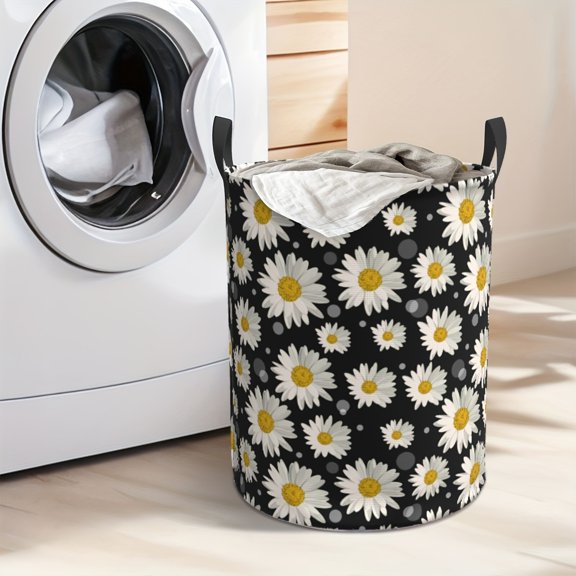 Black Dirty Clothes Basket with Pattern, Foldable Oxford Cloth Round Dirty Clothes Basket with Reinforced Handle, Used for Storing Toys and Clothes in Bedroom/bathroom, Laundry Basket