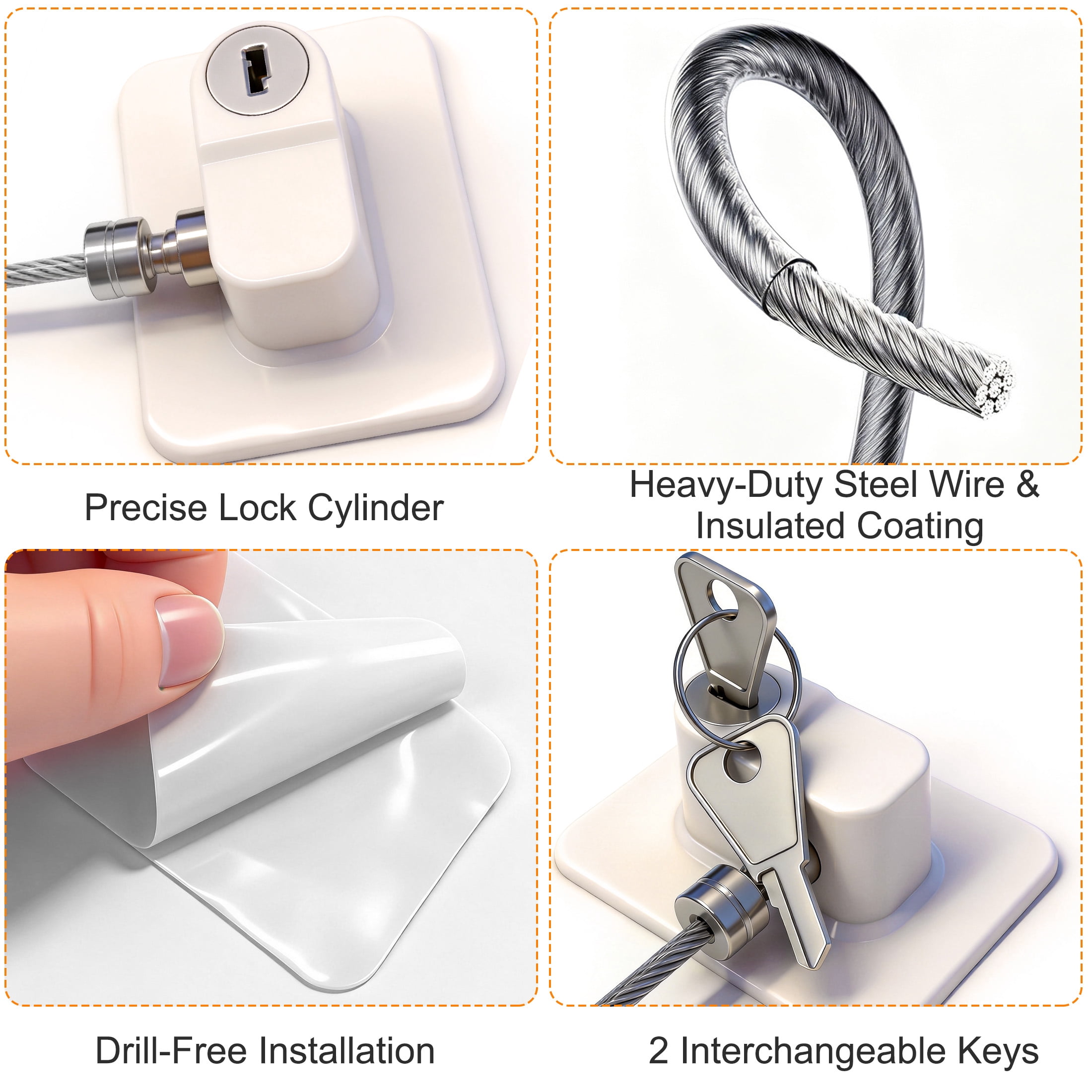 GARITIN 3 Pack Refrigerator Lock with Key, Adhesive Child Safety Fridge Lock, Heavy-Duty Cable Lock for Refrigerator, Cabinets, Drawers, Freezer, Window, No Drilling Required