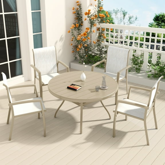 5-Piece Sandstone Metal Patio Dining Set: 4 Stackable Textilene Chairs & 40.6" Round Table for Garden, Poolside, Deck - Weather-Resistant, Seats 4
