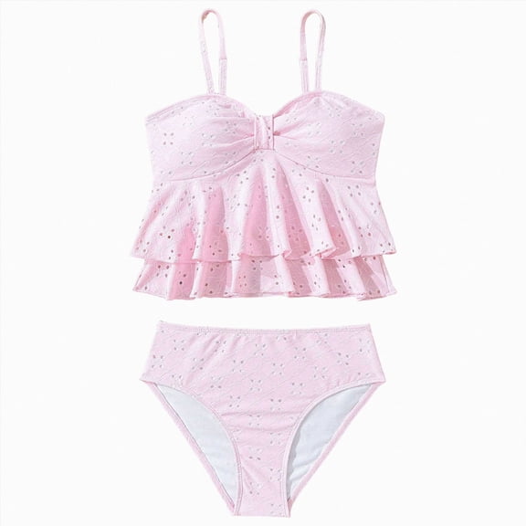 TAmten Girl Swimsuit Girls Tankini Swimsuits Tropical Print Bathing Suit Two Piece Girls' Swimwear with Tie Side Knot Pink Size 8-9 Years