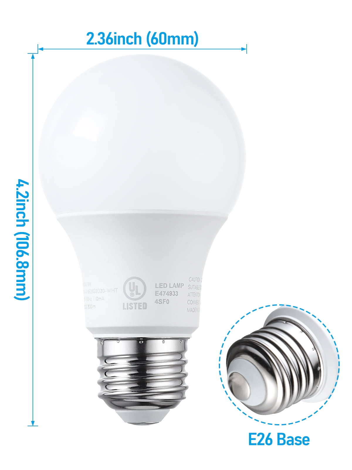 24 Pack A19 LED Light Bulbs 60W Equivalent, UL Listed, Dimmable, 5000K Daylight, E26 Standard Base, Flicker Free