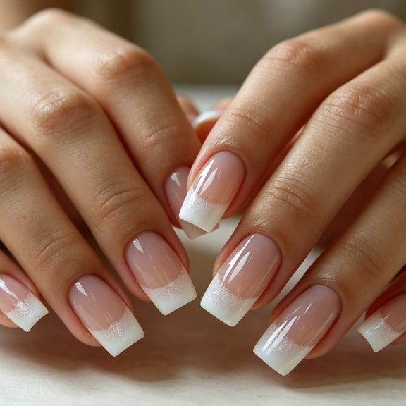 ONLYEOR White Double French Tip Press On Nails, Glitter Design, Medium Square Fake Nails for Bridal & Party Look