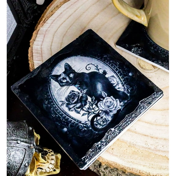Ebros Witching Hour Feline Black Cat Roses Cork Backed Ceramic Coasters Set of 4