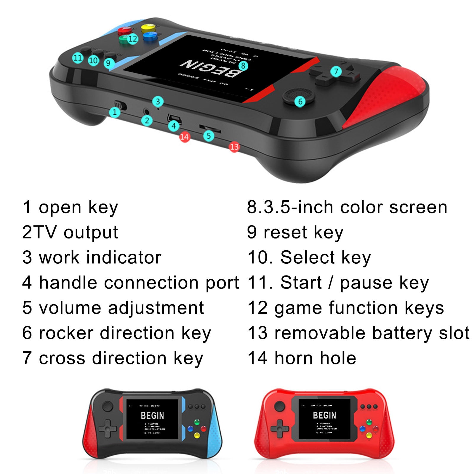 Consola de juegos portátil con 500 juegos clásicos de FC, batería recargable de 1200 mAh, compatible con conexión a TV y reproductores, ideal para niños.